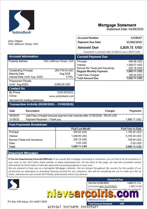 USA Sutton bank mortgage statement